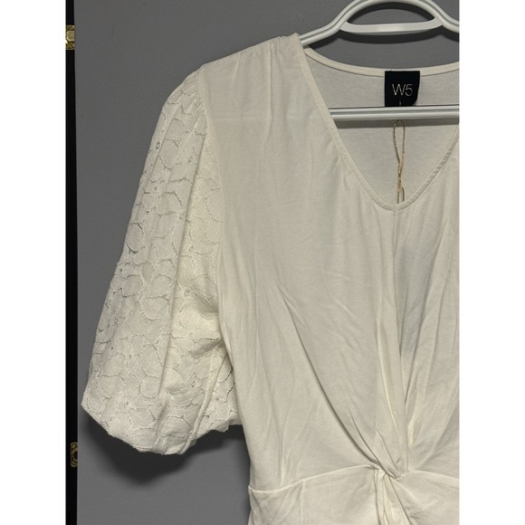 W5 Anthropologie‎ White Twist Front Lace Puff Sleeve Top Women's Medium Sample - Picture 2 of 9
